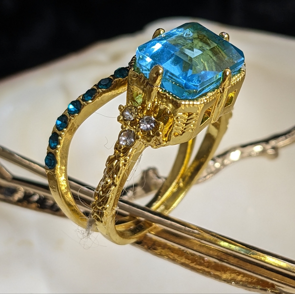 Sky Blue Topaz and Blue CZ ring in Yellow Gold Filled